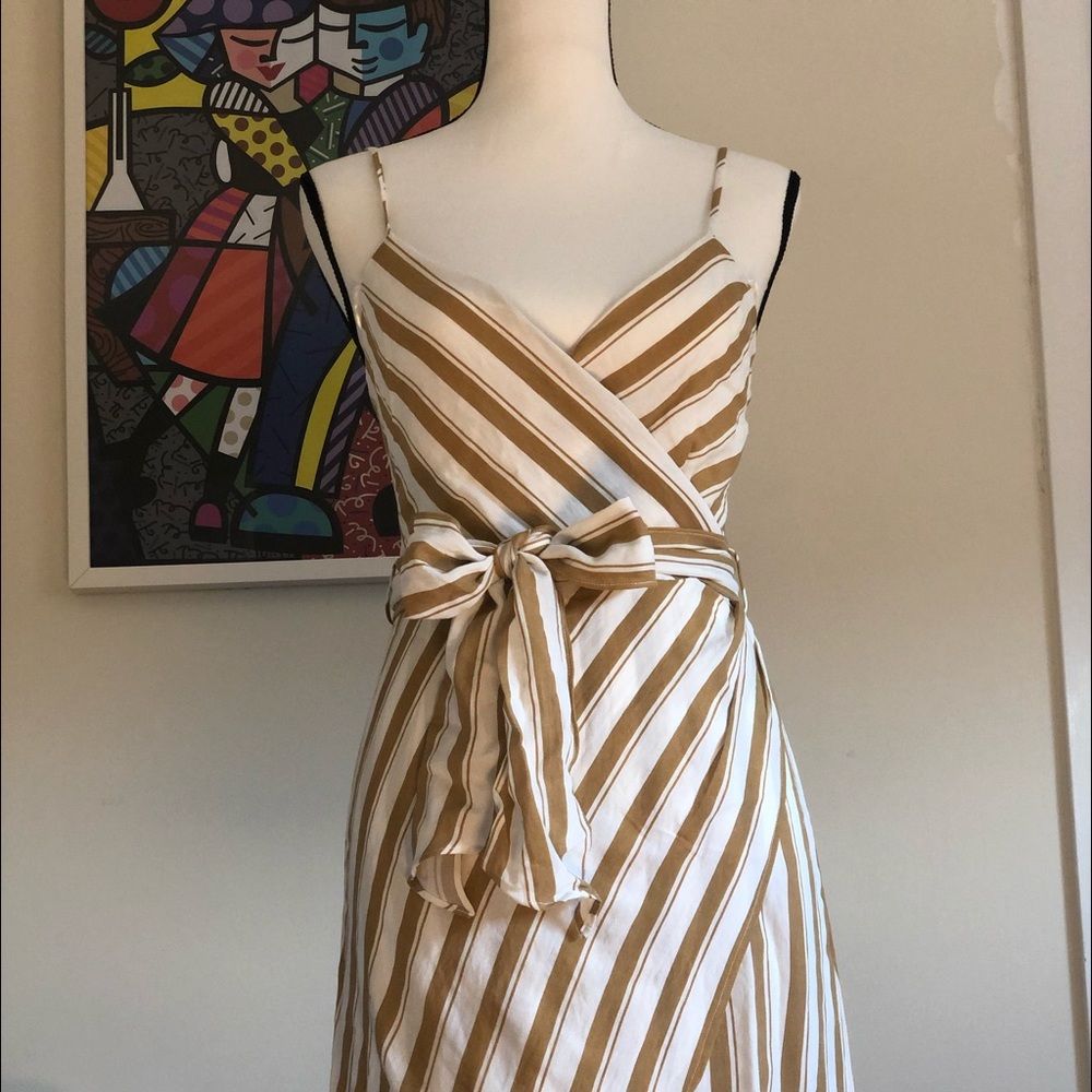 Diagonal Stripped White and Tan Cocktail Dress